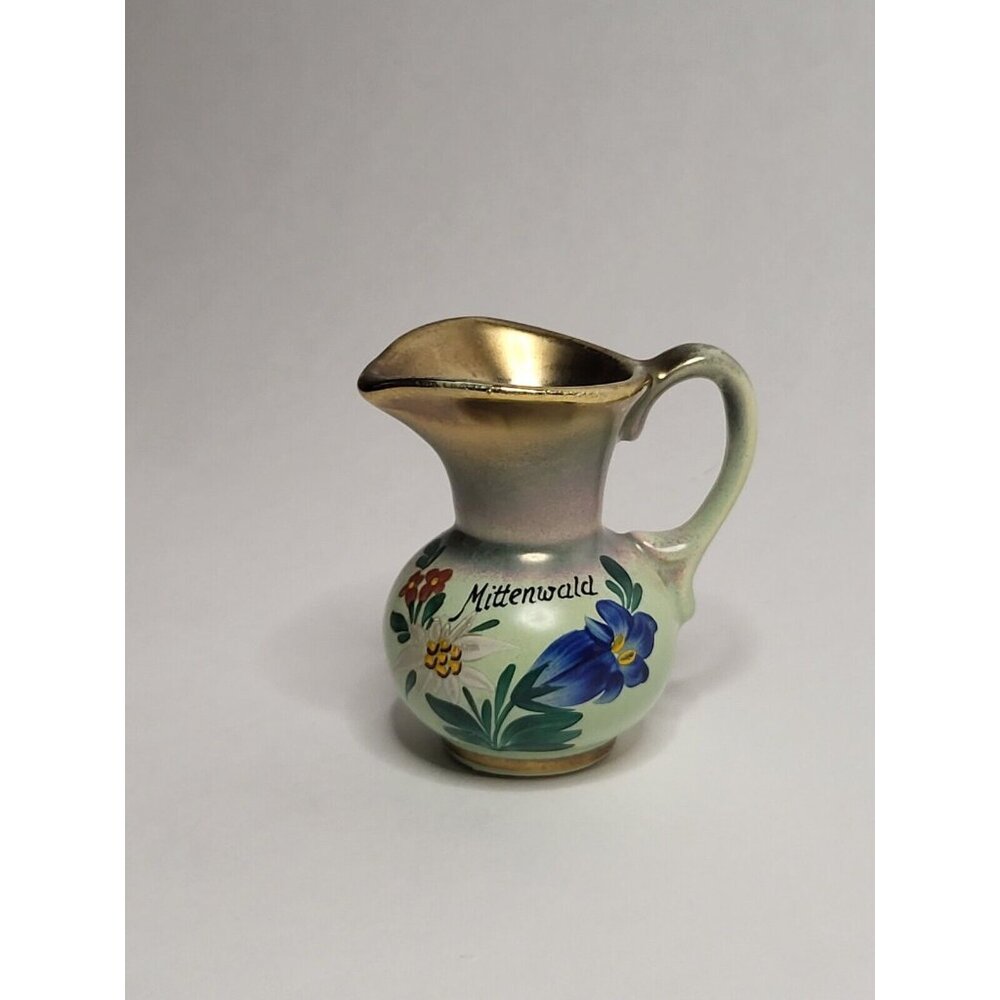 Vintage Mini Miniature Vase Pitcher 2" 3/4 High Gold Green Mittenwald Flowers